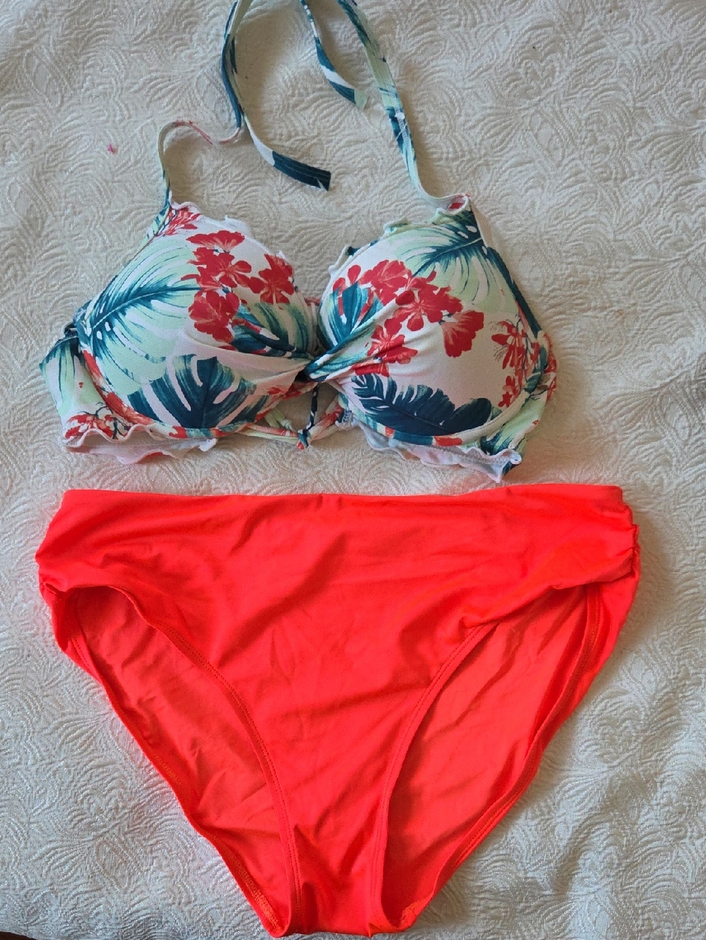 La Vie En Rose White Floral Halter Bikini Top with Coral Briefs